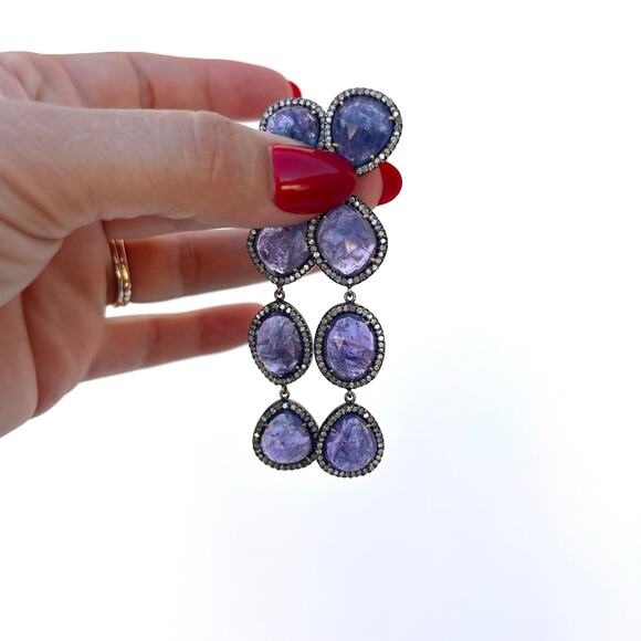 Authentic Tanzanite & Diamond Pavé Dangle Earrings Sterling Silver 14k Gold - Picture 3 of 7